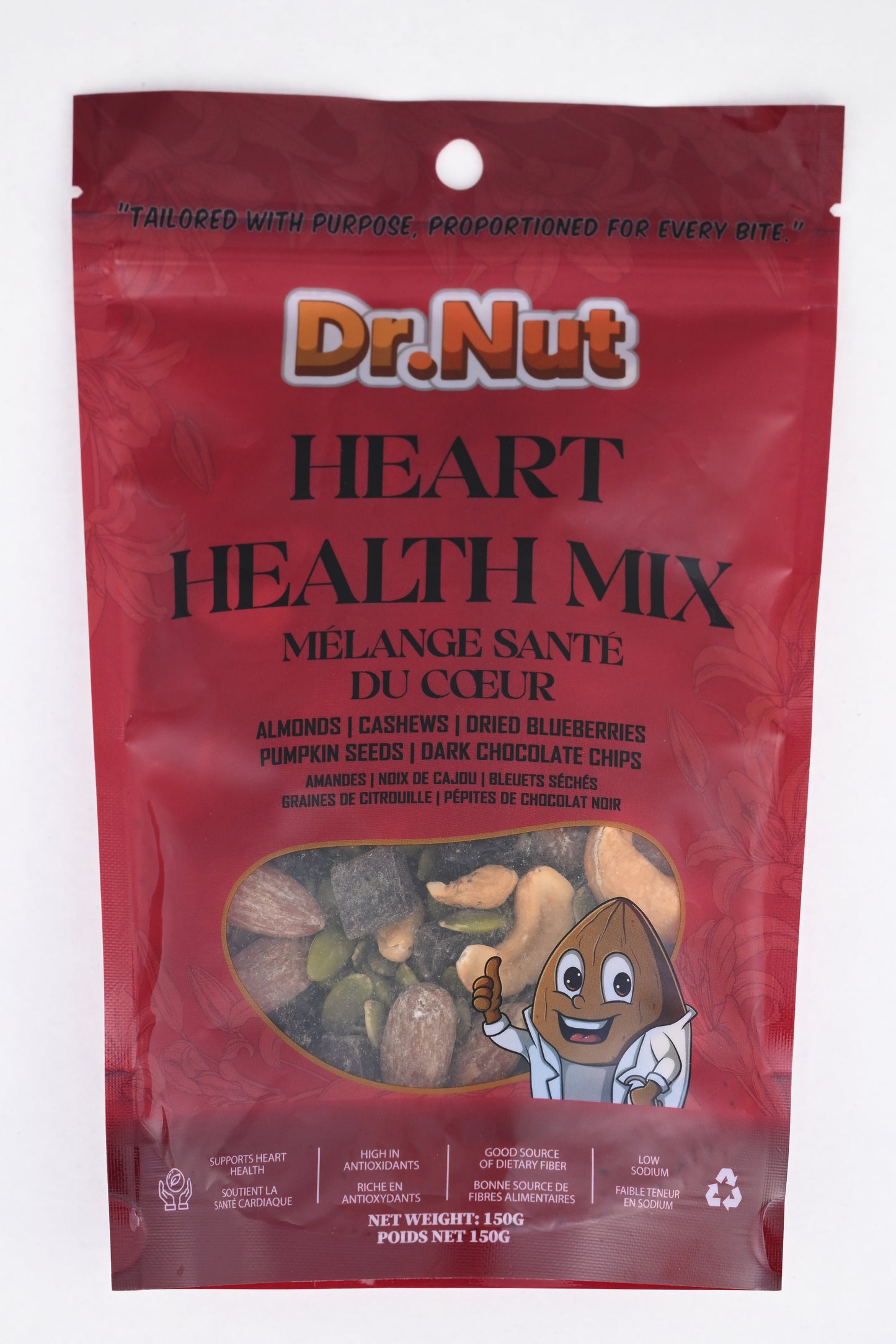 Heart Health Mix by Dr. Nut – almonds, cashews, blueberries, pumpkin seeds, and dark chocolate chips on neutral background