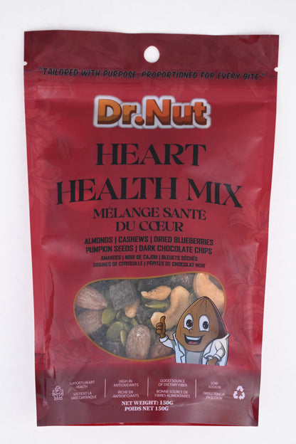 Heart Health Mix by Dr. Nut – almonds, cashews, blueberries, pumpkin seeds, and dark chocolate chips on neutral background