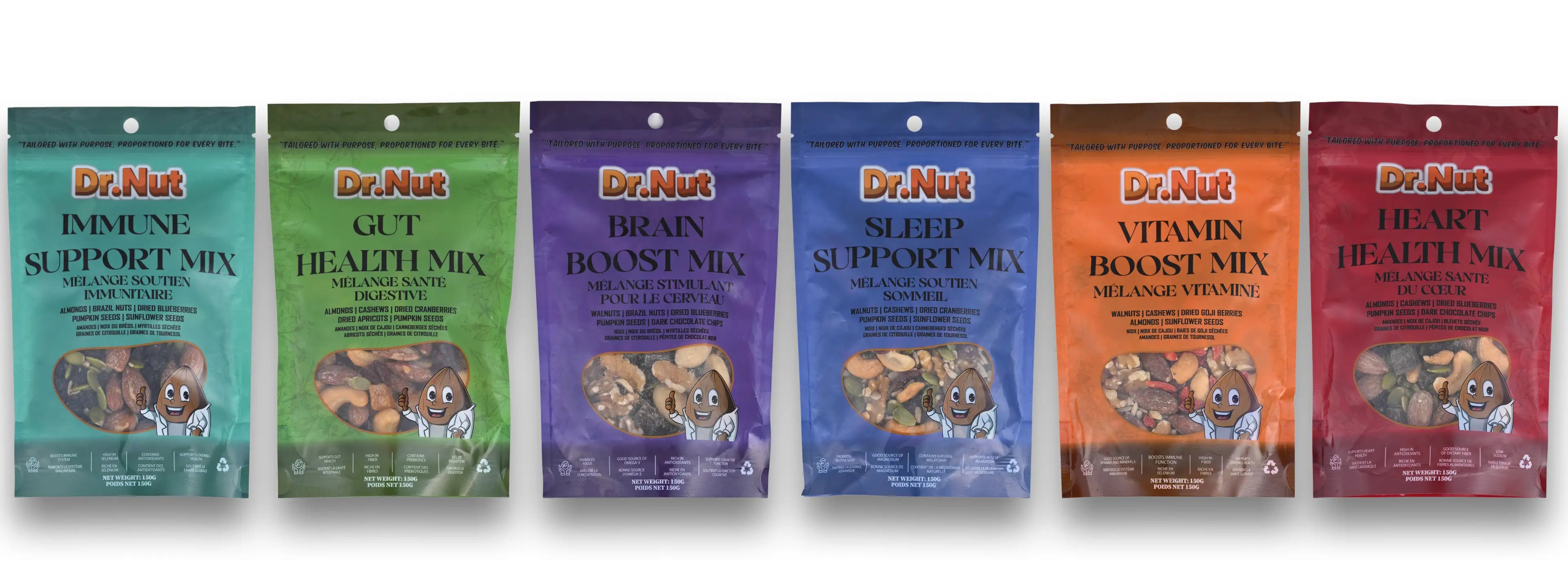 Dr. Nut snack mix pouches – Immune Support, Gut Health, Brain Boost, Sleep Support, Vitamin Boost, and Heart Health