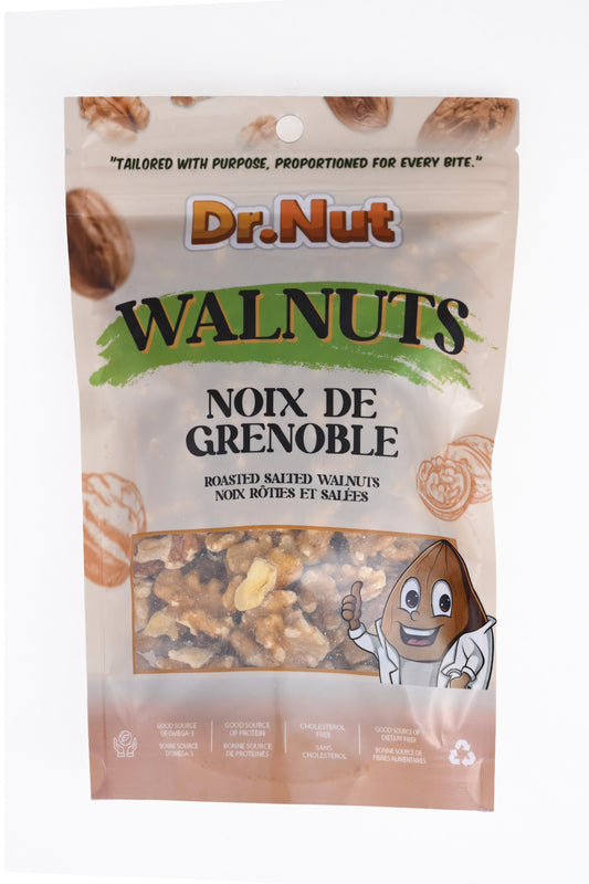 Roasted salted walnuts by Dr. Nut – golden roasted walnut halves on neutral background, savory functional snack