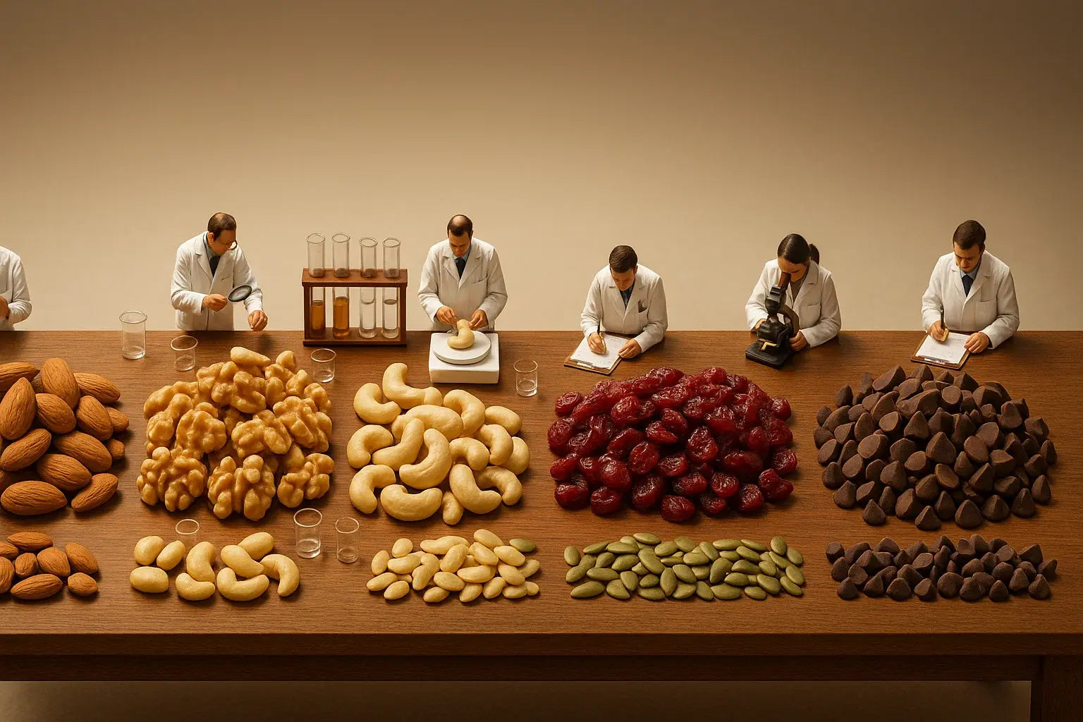Miniature scientists in white lab coats analyzing piles of nuts and dried fruits on a lab table – walnuts, almonds, cashews, cranberries, pumpkin seeds, and chocolate chips – photographed in wide shot for Dr. Nut branding